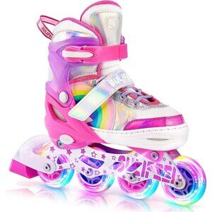 Sulifeel Kids C Pink Rainbow Unicorn Inline Adjustable Light Up Wheels Skates